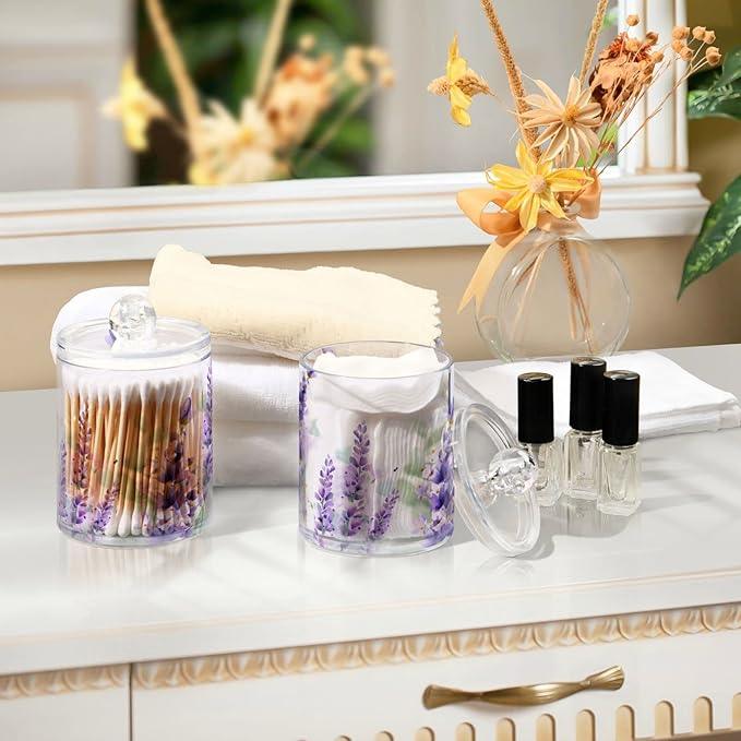BOENLE 2 Pack Qtip Holder Dispenser Purple Lavender Storage Canister Bathroom Acrylic Plastic Apothecary Jars Vanity Organizer Lid for Cotton Swab/Ball/Pad - ModernBath