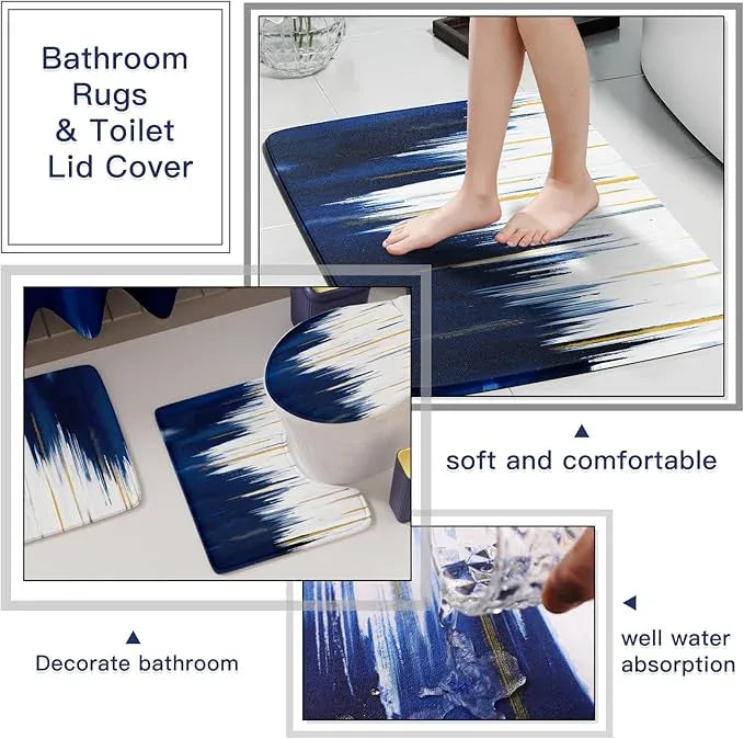 WSBArt 32PC Bathroom Sets with Shower Curtain and Rugs-Navy Blue Bathroom Accessories,Non Slip Bathroom Rugs Set with Toilet Lid Cover, Waterproof Shower Curtain, 3PC Soap Dispenser with Trash Can - ModernBath