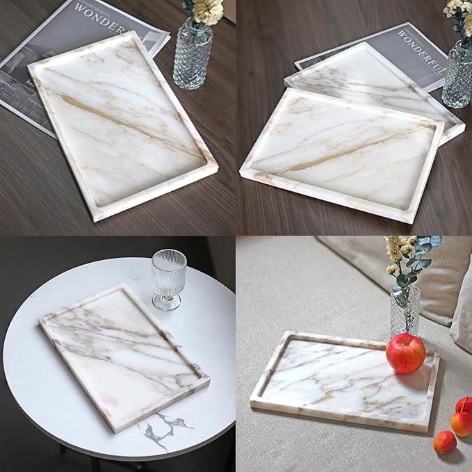 100% Natural Marble Serving Tray Luxury Marble Storage Tray for Home Decor Stone Tray for Bathroom/Kitchen/Vanity/Dresser,Plate Holder for Tissues, Candles, Towel - ModernBath