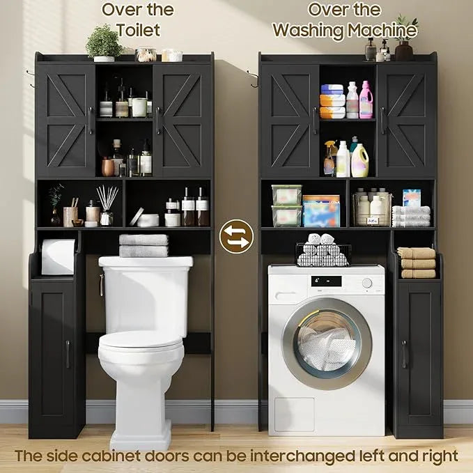 Over The Toilet Storage Cabinet, Bathroom Over Toilet Storage Organizer with Barn Doors and Paper Holder Stand Farmhouse Space Saving Rack Cabinet with Adjustable Shelves for Bathroom, Laundry (Black) - ModernBath