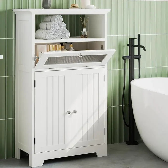 ChooChoo Bathroom Floor Storage Cabinet with Flip Glass Drawer, Freestanding with 2 Doors, Adjustable Shelf & Open Storage for Living Room, Hallway, White - ModernBath