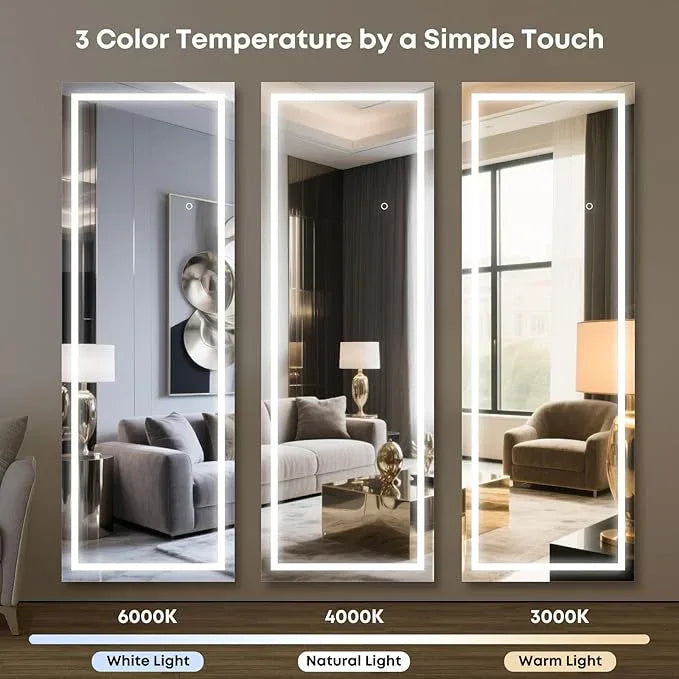 Kosmonia 65x22 Frameless Full Length Mirror, Dimmable 3 Color LED Light w/Memory Function, Distortion Free, HD Reflection & Anti Desilvering, Tempered Glass & Shatter Proof Film Doubling Safety - ModernBath