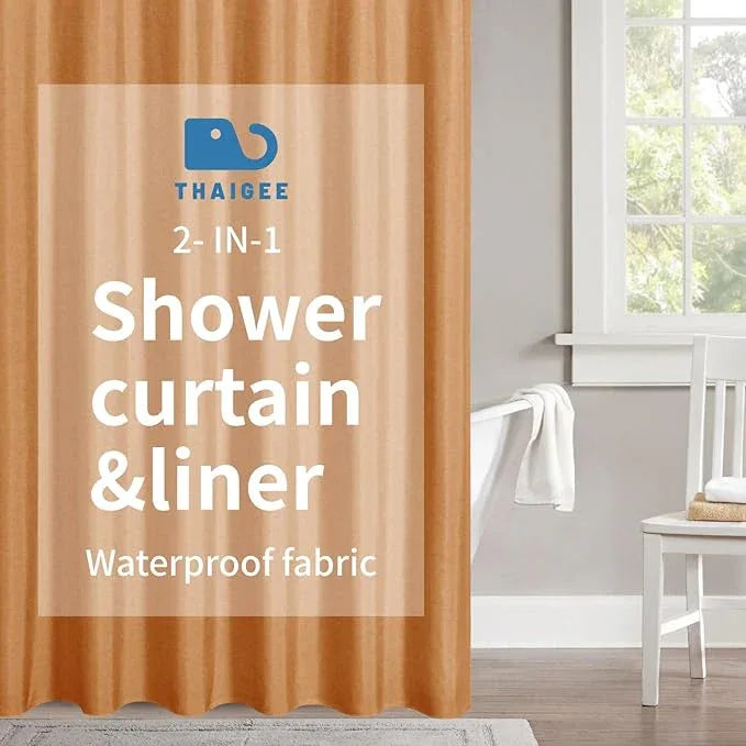 THAIGEE 2-in-1 Waterproof Fabric Shower Curtain or Liner,Linen Textured,Breathable TPU & Washable Bathroom Shower Curtain Set with 12 Plastic Hooks,Modern,72"x72" Orange - ModernBath