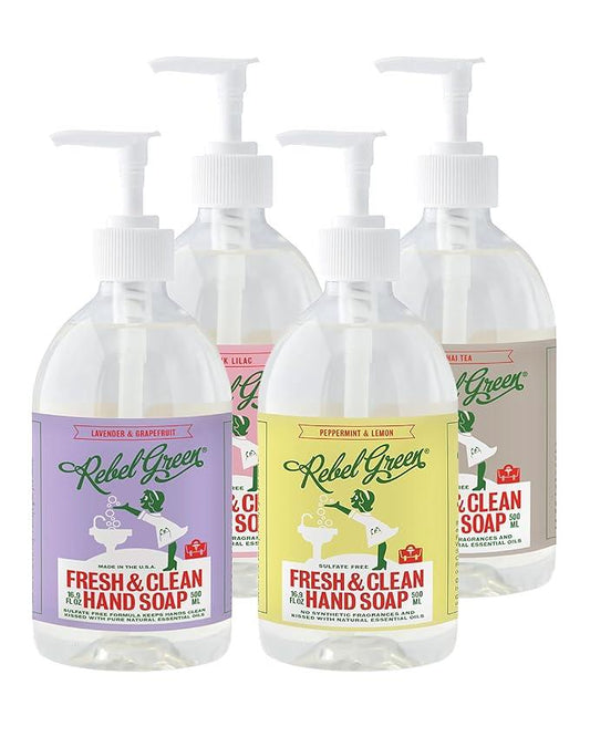Rebel Green Fresh & Clean Hand Soap - Natural Liquid Hand Soap for Bathroom & Kitchen - Variety Pack, 12 fl oz Spray, Pack of 4 - ModernBath