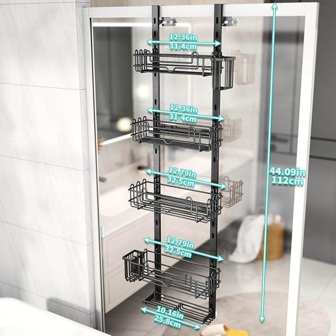 HapiRm 5 Tier Over the Door Shower Caddy, Hanging Shower Caddy with 28 Hooks and 2 Toothbrush Holders, No Drilling Adjustable Hanging Bathroom Organizer - Black - ModernBath