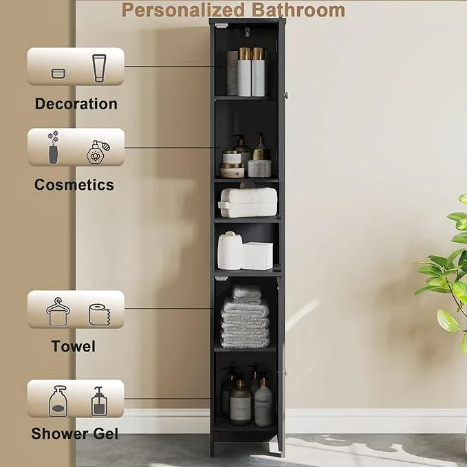 ChooChoo Tall Bathroom Storage Cabinet with Light，5-Tier Narrow Bathroom Cabinet with 2 Doors, Slim Storage Linen Cabinet Freestanding with Adjustable Shelves for Space Saving, Black - ModernBath
