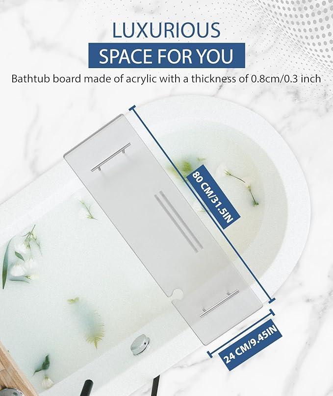 Ezcasch Acrylic Bathtub Tray Bathtub Tray Caddy Bath Tray Table for Tub Luxury Spa with Book and Wine Glass Holder Bathroom Accessories for Decorative Bathtubs, Transparent 31.5inch - ModernBath