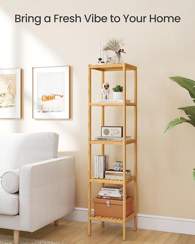 SONGMICS Bamboo Storage Shelf, 5-Tier Shelving Unit, Multifunctional, in the Entryway, Bathroom, Living Room, Balcony, Kitchen, 13 x 13 x 57.5 Inches, Light Bamboo UBCB55Y - ModernBath