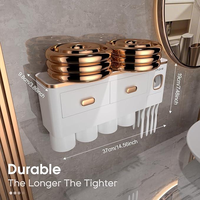 iHave Toothbrush Holders Wall Mounted with Toothpaste Dispenser & 4 Cups - Premium White and Gold Design for Bathroom Decor, All-in-One Bathroom Organizers & Storage for Toothbrushes and Accessories - ModernBath