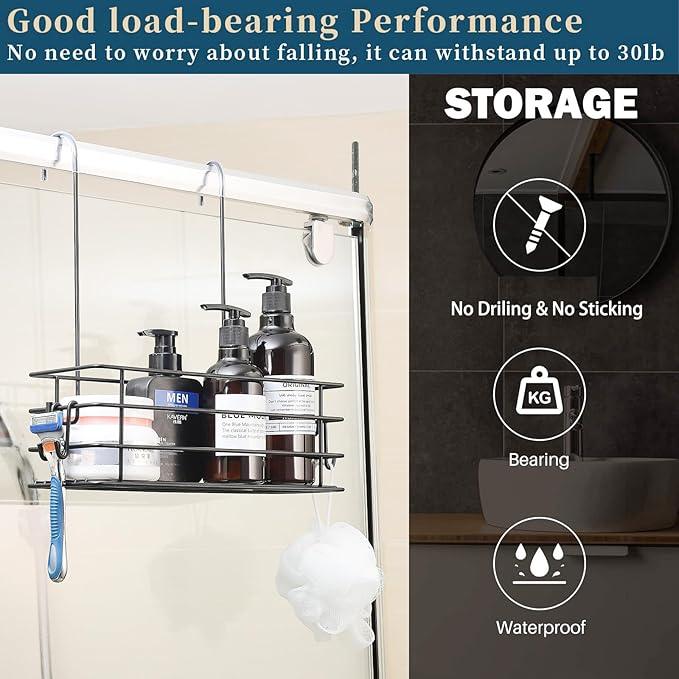Seltomer 2pcs Single-Layer Shower Caddy Hanging Shower Orangizer Stainless Steel Shower Rack with Hooks Over The Door, Shampoo Basket Storage (Black) - ModernBath