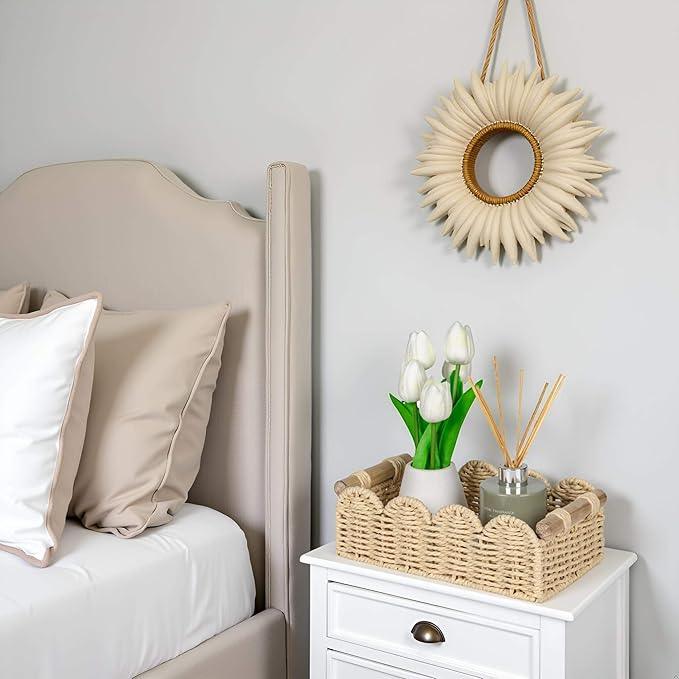 CubesLand Scalloped Edge Toilet Paper Storage Basket, Living Room Home Cozy Decor Basket, Paper Rope Small Baskets for Over Toilet Storage Shelf, End Table, Shelves, with 2 Wooden Handles, Beige - ModernBath