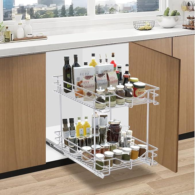 Fulgente Chrome Finish Pull Out Drawers Cabinet Organizer, Professional Large Wire Basket Frame 2 Tier Heavy Duty Slide Out Kitchen Storage Organizations Shelves Sliding Pantry 11"W x 18"D x 15.12"H - ModernBath