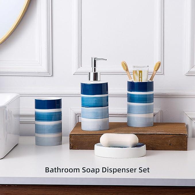 Bathroom Accessories Set, 4-Piece Blue Ceramic Bathroom Decorations Accessories Set, Contain Toothbrush Cup, Soap Dispenser, Soap Dish, Tumbler - ModernBath