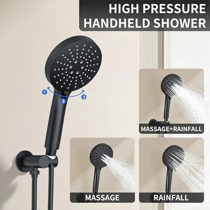 KOJOX Shower System- High Pressure Shower Head- 3 Setting Headheld Shower Head Fixtures- Shower Valve Included (Matte Black) - ModernBath
