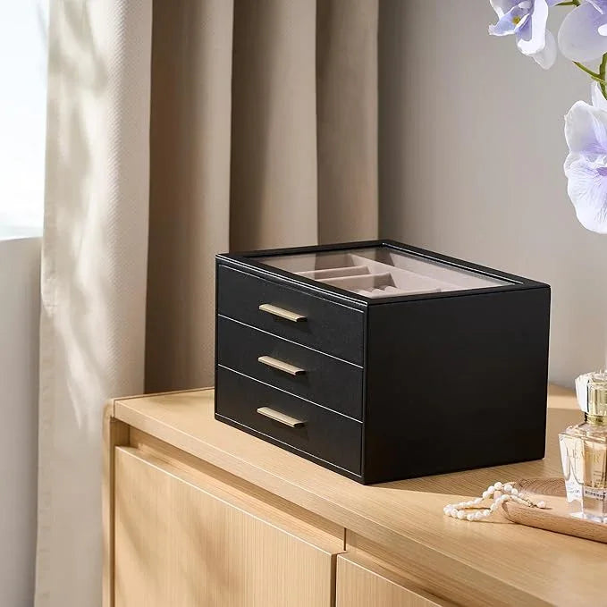 pickpiff Jewelry Box Organizer Case for Women: 3-Layer Jewelry Storage Case with Glass Window, Black Leather with Blush Velvet, Holder for Ring Necklace Bracelet Brooch Watch, Great Gift for Her - ModernBath