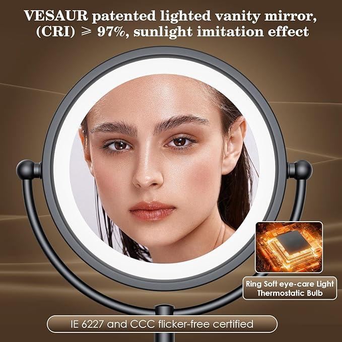 VESAUR Professional 8.5" Lighted Makeup Mirror, 1X/10X Double Sided HD Undistorted Magnifying Mirror with 3 Color 90 Dimmable LED lights, 360° Rotation Vanity Mirror, Unique Black Nickel with Gift Box - ModernBath