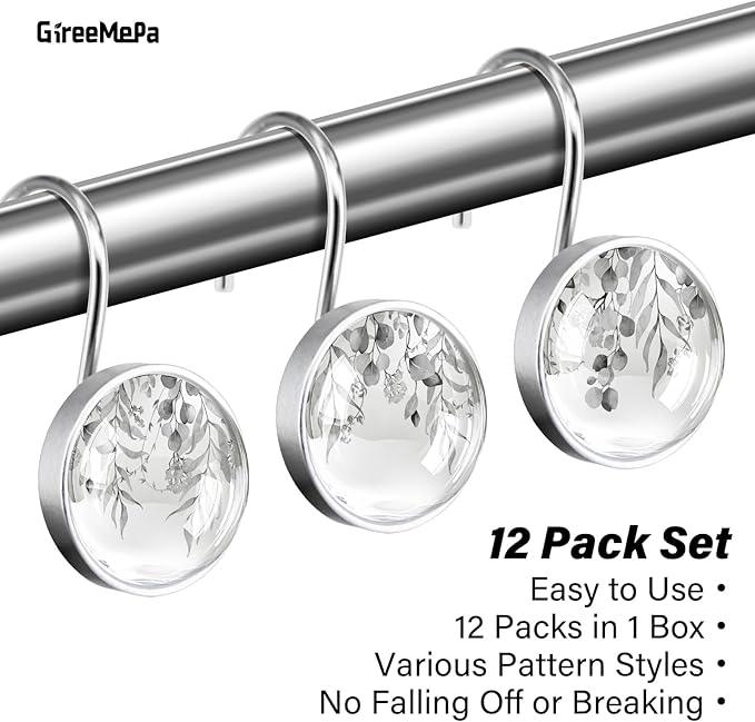 12 Pcs Black Eucalyptus Shower Curtain Hooks - Decorative Shower Curtain Hooks Rings Set - Stainless Steel Round Resin Shower Rings Hangers for Summer Bathroom Home Bath Room Rods Decor - ModernBath