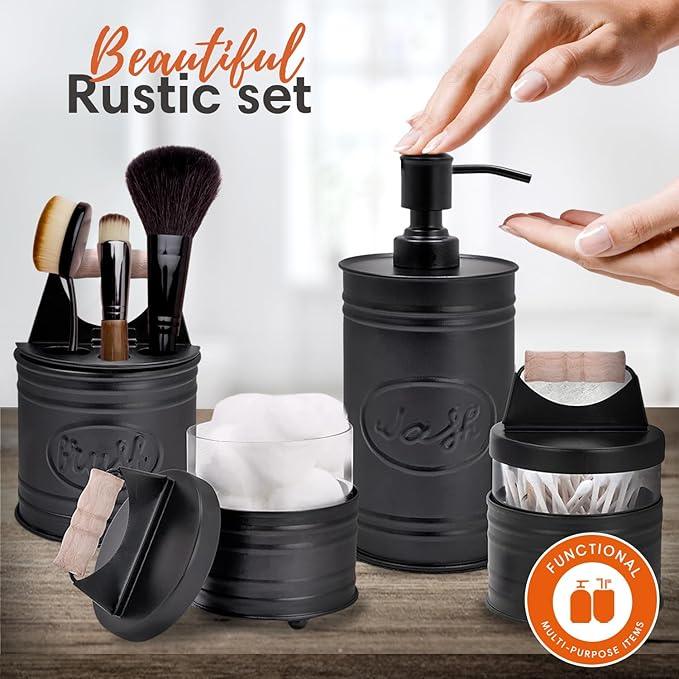 Autumn Alley Rustic Bathroom Accessories Set Black Farmhouse Soap Dispenser, Matte Black Toothbrush Holder, 2 Apothecary Jars Qtip Holder Glass - Rustic Bathroom Decor, Farmhouse Bathroom Accessories - ModernBath