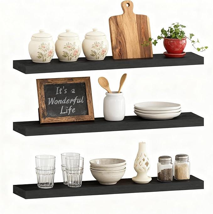 ROGMARS Black Floating Shelves for Wall,36 inch Rustic Wooden Floating Wall Mounted Book Shelves with Invisible Brackets for Living Room, Bedroom, Kitchen, Bathroom,Set of 3 - ModernBath