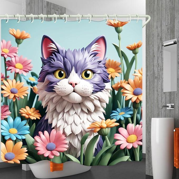 LYFANS Bathroom with Purplish White Cat 3D Shower Curtains, Luxury Bathtub Standard Shower Curtain, Waterproof and Bright Fabric Shower Curtain Size (72x72 Inches) - ModernBath