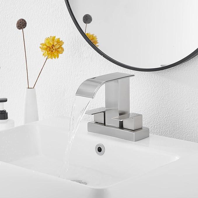 Bathroom Faucet Brushed Nickel Modern GGStudy 2 Handles 4 Inches Centerset RV Waterfall Bathroom Vanity Faucet with Drain Assembly - ModernBath