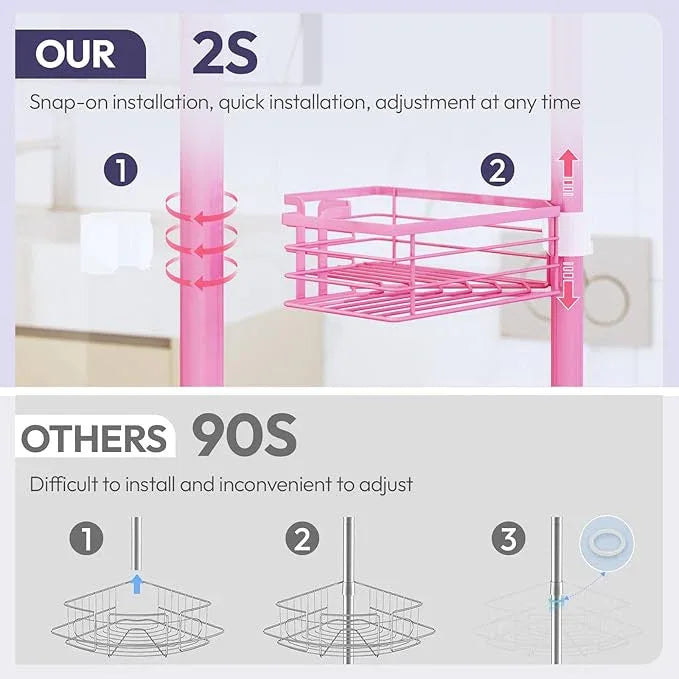 SWTYMIKI Shower Caddy Tension Pole - 4-Tier Corner Shower Organizer Tension Rod with Soap Holder, Toothbrush Holder & 4 Hooks, Adjustable Stainless Steel Bathroom Organizer 27.6 to 108.3 inch, Pink - ModernBath