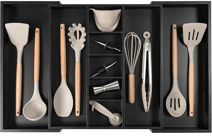 KitchenEdge Adjustable Kitchen Drawer Organizer for Utensils and Junk, Food-Safe Contract Grade with 100% Sustainable Wood, Expandable from 16 to 28 Inches Wide - Black Bamboo - ModernBath