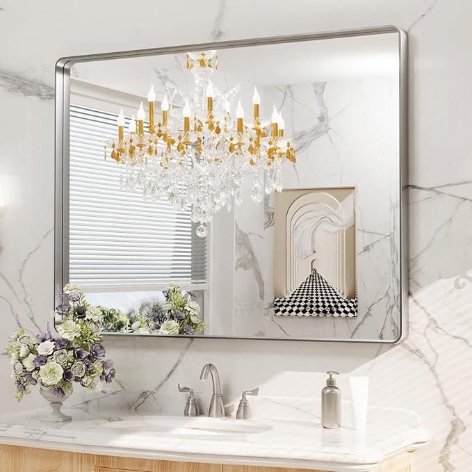 LOAAO 48X36 Inch Brushed Nickel Bathroom Mirror, Rounded Rectangle Silver Metal Frame Mirror, Brushed Nickel, Anti-Rust, Shatter Proof, Hangs Horizontally or Vertically - ModernBath