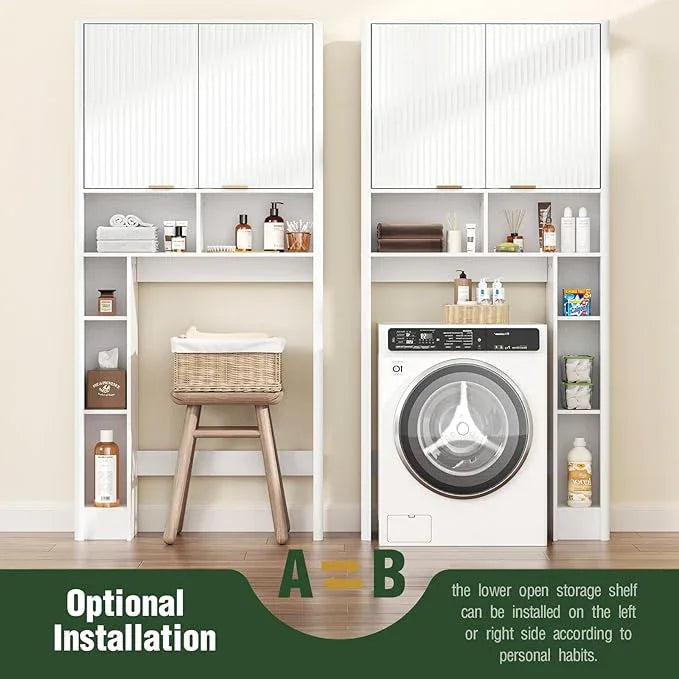 31" W Over The Toilet Storage Cabinet with Fluted Door, White Bathroom Organizer with Adjustable Shelf, 67''H Tall Toilet Paper Holder Stand Wave Door for Restroom, Laundry Room - ModernBath