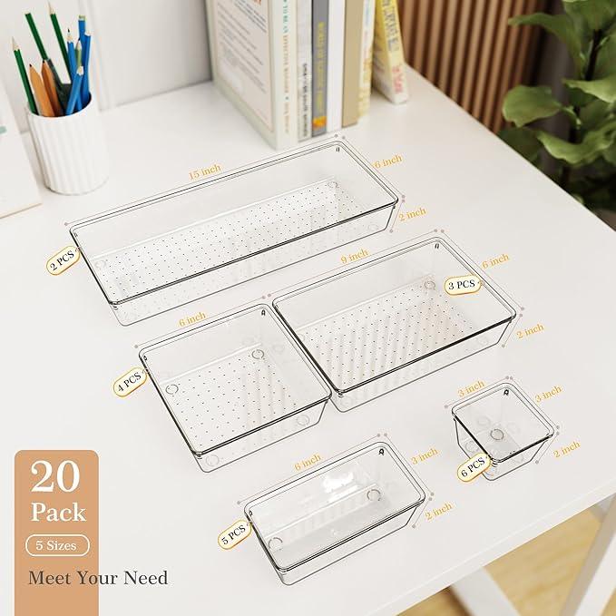 Criusia Drawer Organizer, 5-Size Versatile Bathroom and Vanity Organizer Trays, 20 Pack Clear Plastic Kitchen Drawer Organizers Set, Storage Bins for Makeup, Bathroom, Jewelries and Office - ModernBath