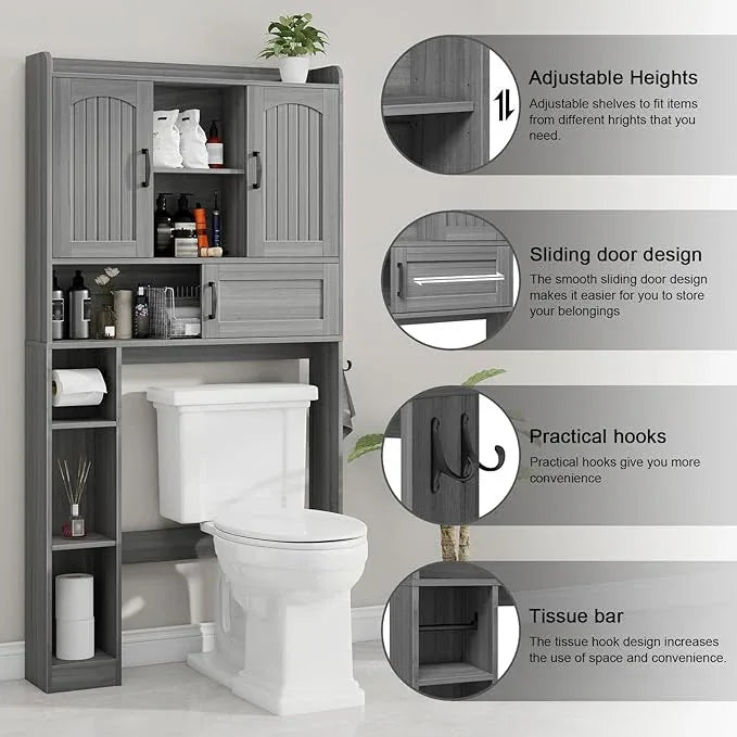 Vabches Farmhouse Over The Toilet Storage Cabinet with 2 Barn Doors & Sliding Door, Over The Toilet Bathroom Organizer with Open Storage Layer and Adjustable Shelves & Hooks.Grey - ModernBath