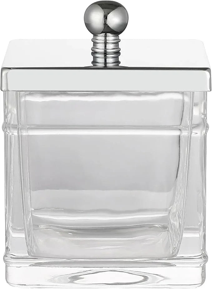 Indecor Home Apothecary Glass Cotton Jar Holder Silver Stainless Steel Lid, Elegant Bathroom Storage Canister for Qtips, Cotton Balls, Floss, Makeup Organizer, Vanity Bathroom Organization - ModernBath