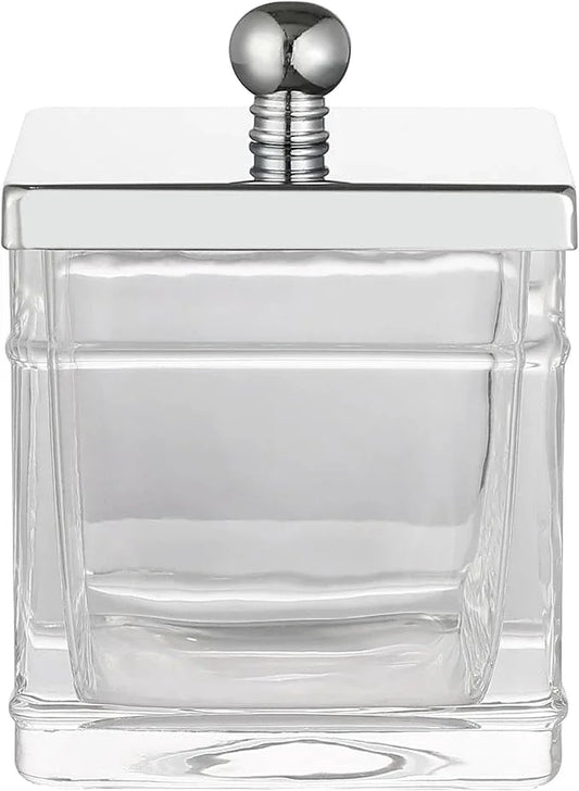 Indecor Home Apothecary Glass Cotton Jar Holder Silver Stainless Steel Lid, Elegant Bathroom Storage Canister for Qtips, Cotton Balls, Floss, Makeup Organizer, Vanity Bathroom Organization - ModernBath