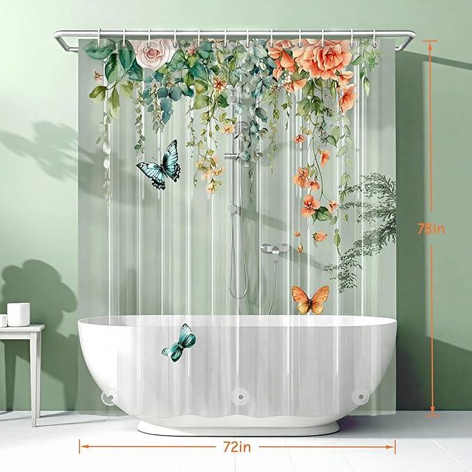 Clear Colorful Floral Butterfly Shower Curtain Liner, Plastic Pretty Pink and Orange Flower Green Eucalyptus Leaf Shower Curtains for Bathroom, 72x78 Weighted Magnetic Shower Curtain Set with 12 hooks - ModernBath