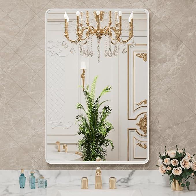 LOAAO 32x36 Inch White Metal Framed Bathroom Mirror for Wall, White Bathroom Vanity Mirror Farmhouse, Large Rounded Rectangle Mirror, Anti-Rust, Tempered Glass, Hangs Horizontally or Vertically - ModernBath