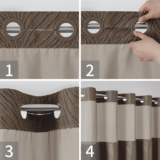 eachope no Hook Shower Curtain and Fabric Liner Set，Thanksgiving Autumn Shower Curtain, Boho Tufted Striped Style with See Through Top Window, Brown, 71Wx74H - ModernBath