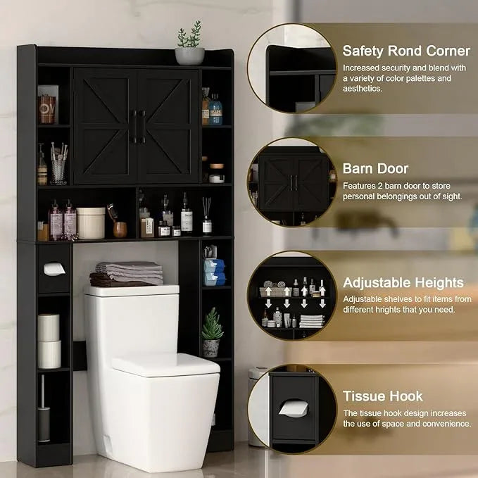 Farmhouse Storage Cabinet Over Toilet with Barn Doors，Over The Toilet Storage Cabinet, Home Space-Saving Toilet Rack, for Bathroom, Restroom, Laundry.Pure Black - ModernBath