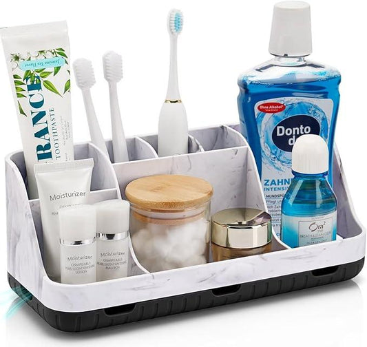 GFWARE Marble Bathroom Countertop Organizer - Detachable 7 Slots Kids Electric Toothbrush and Toothpaste Holde Drainage for Bathroom Accessories Organization Counter Vanity Storage, Black - ModernBath