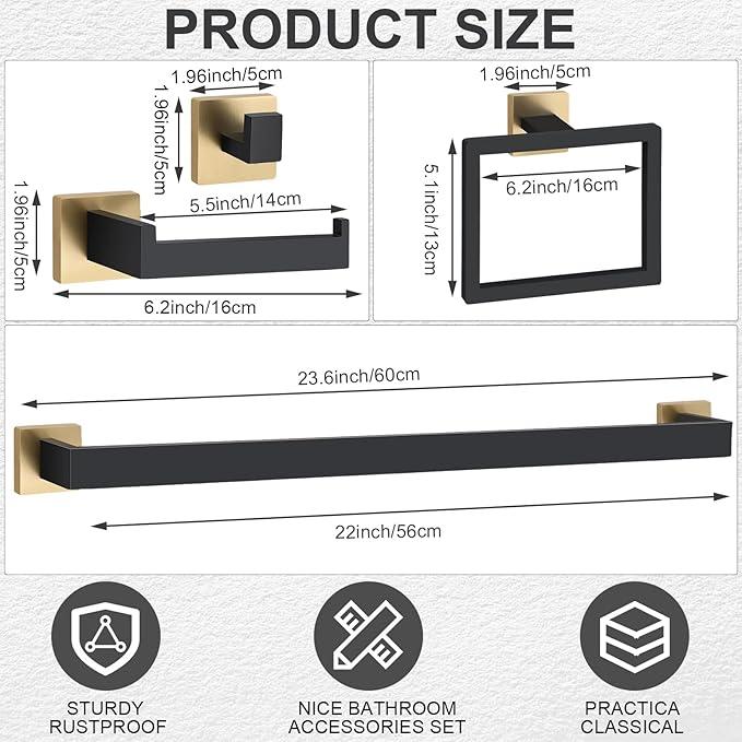 Gisafai 10 Pcs Black Gold Bathroom Hardware Accessories Set 23.6 Inch Bath Towel Bar Kit Stainless Steel Bathroom Hardware Set Towel Racks Ring Robe Hooks Paper Holder for Wall Mounted - ModernBath