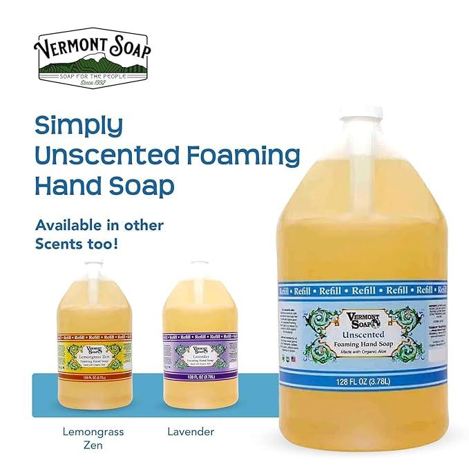 VERMONT SOAP Organics Foaming Hand Soap, Liquid Soap with Pre-diluted Formula - Ready to Use Simply Unscented Hand Soap With Convenient and Economical Gallon Refill Size - ModernBath