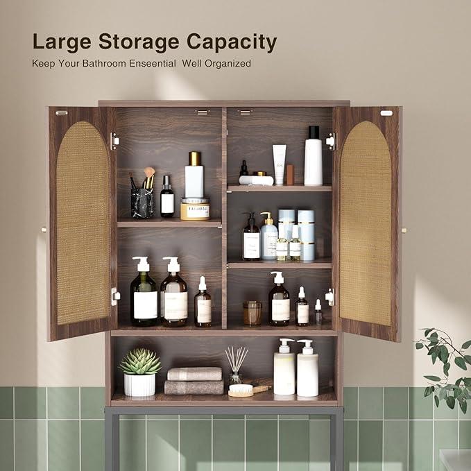 Rattan Toilet Storage Cabinet, Over The Rack Wood Cabinet with Metal Stand, Bathroom Organizer with Adjustable Shelf, Space Saving Cupboard for Small Bathrooms, Washer Shelf, Dark Brown - ModernBath
