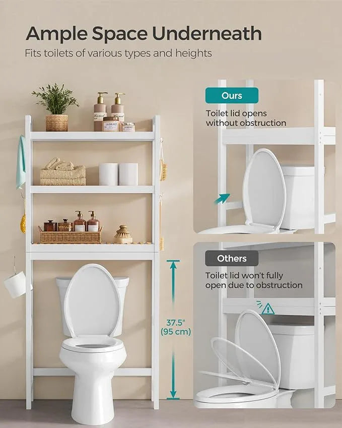 SONGMICS Over The Toilet Storage, 3-Tier Over Toilet Bathroom Organizer with Adjustable Shelf, 10.2 x 24.8 x 66.9 Inches, Space-Saving, Cloud White and Natural Beige UBTS001W02 - ModernBath