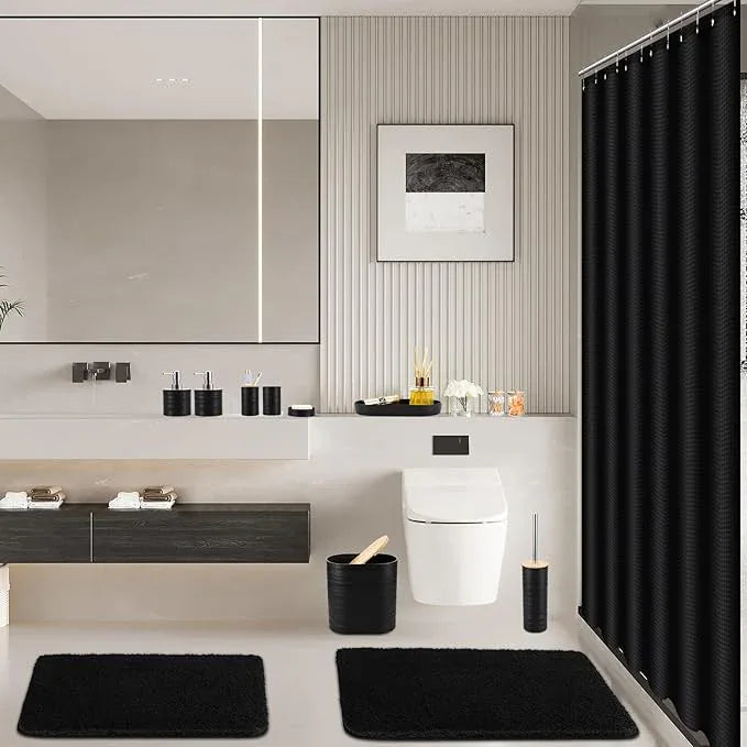 XLHOMO Bathroom Set - Black Bathroom Accessories Set, Bathroom Sets with Shower Curtain and Rugs, 25PC Shower Curtain Set with Hooks, Soap Dispenser, Soap Dish, Toilet Brush Holder and Trash Can - ModernBath