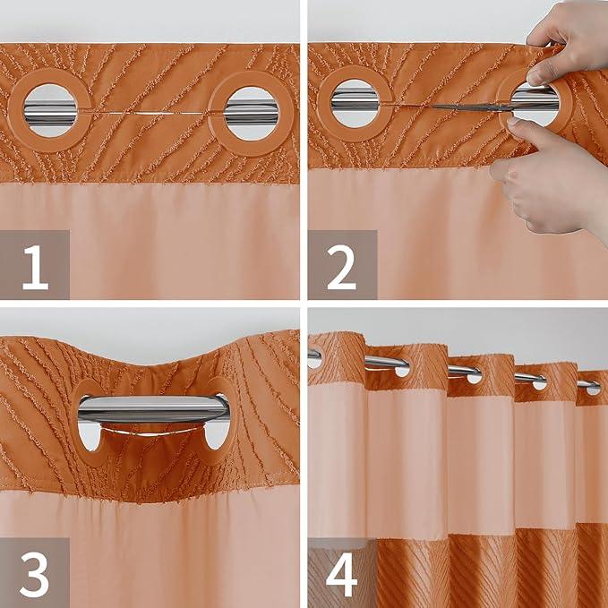 eachope no Hook Shower Curtain and Fabric Liner Set，Thanksgiving Autumn Shower Curtain, Boho Tufted Striped Style with See Through Top Window,Orange, 71Wx74H - ModernBath