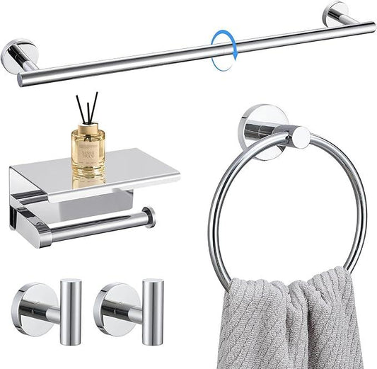 5-Piece Towel Bar Set Polish Chrome Bathroom Hardware Accessories Set Upgraded Toilet Paper Holder with Shelf Towel Holder Set for Bathroom Stainless Steel Wall Mounted - ModernBath