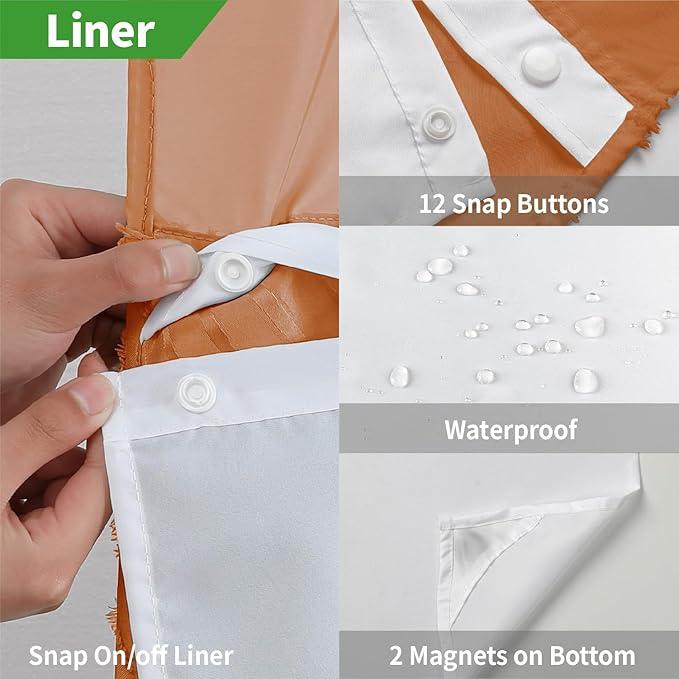 eachope no Hook Shower Curtain and Liner Set，Boho Style with See Through Top Window, BurntOrange Fabric Tufted Striped Textured Outer Curtain & Waterproof Inner Liner, Orange, 71Wx77H - ModernBath