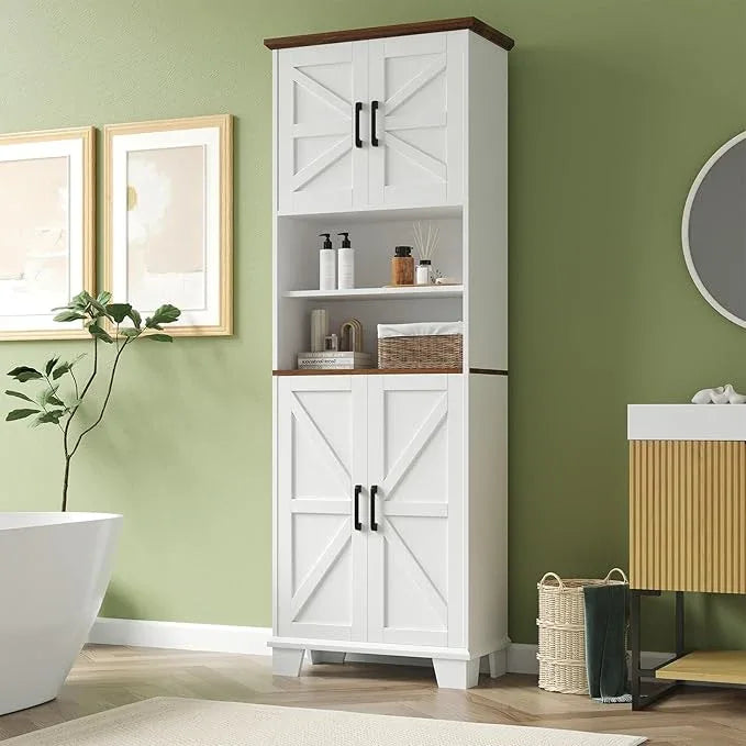 Farmhouse Bathroom Storage Cabinet, 67.9" Tall Freestanding Cabinet with 7 Adjustable Shelves & Barn Doors, Multipurpose Pantry Cupboard for Kitchen, Bathroom, Living Room, Dining Room - ModernBath