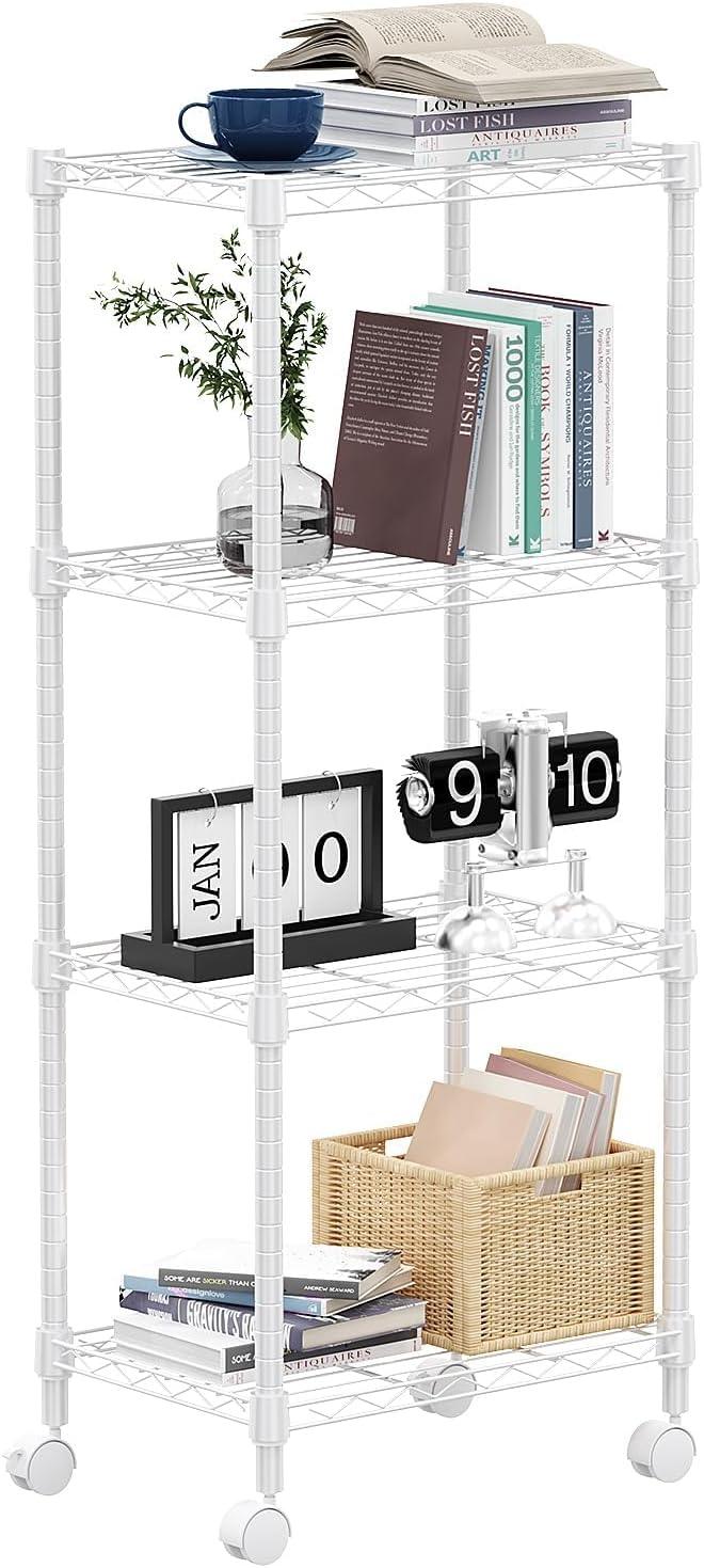1000 lbs 4-Shelf Adjustable Heavy Duty Steel Wire Rack, Adjustable Storage Shelving Unit with Wheel for Kitchen, Garage, Laundry White 11.8" D x 17.7" W x 40.8" H - ModernBath
