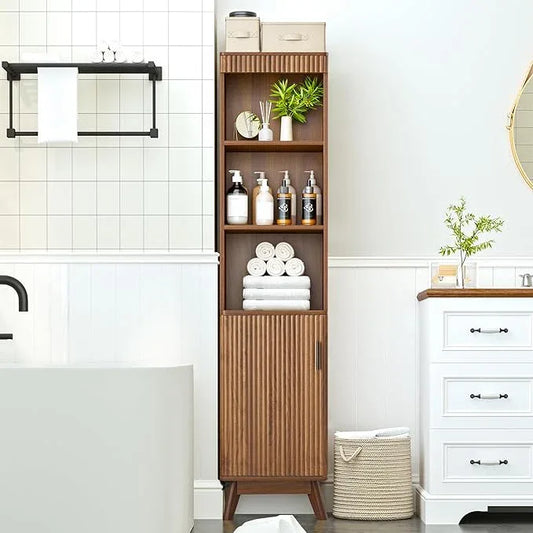 68" Tall Bathroom Storage Cabinet,Narrow Fluted Tower Cabinet with Door and Shelves,Slim Space Saving Storage Unit for Bathroom Kitchen Living Room (Walnut, 11.8" D x 15.75" W x 68" H) - ModernBath