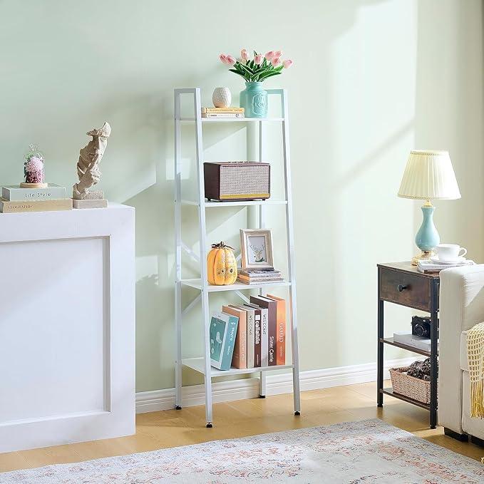 Hoctieon 4-Tier Industrial Ladder Bookshelf, Narrow Ladder Shelf, Tall Standing Bookshelf, Skinny Open Ladder Shelf, for Living Room, Home Office, Kitchen, Bedroom, Metal Frame, White - ModernBath